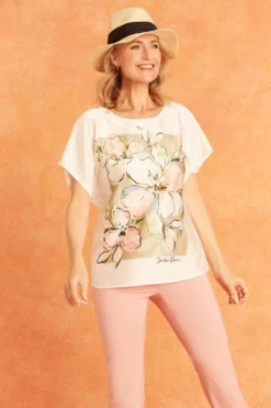 Short Sleeve Woven Front Floral Shell Top