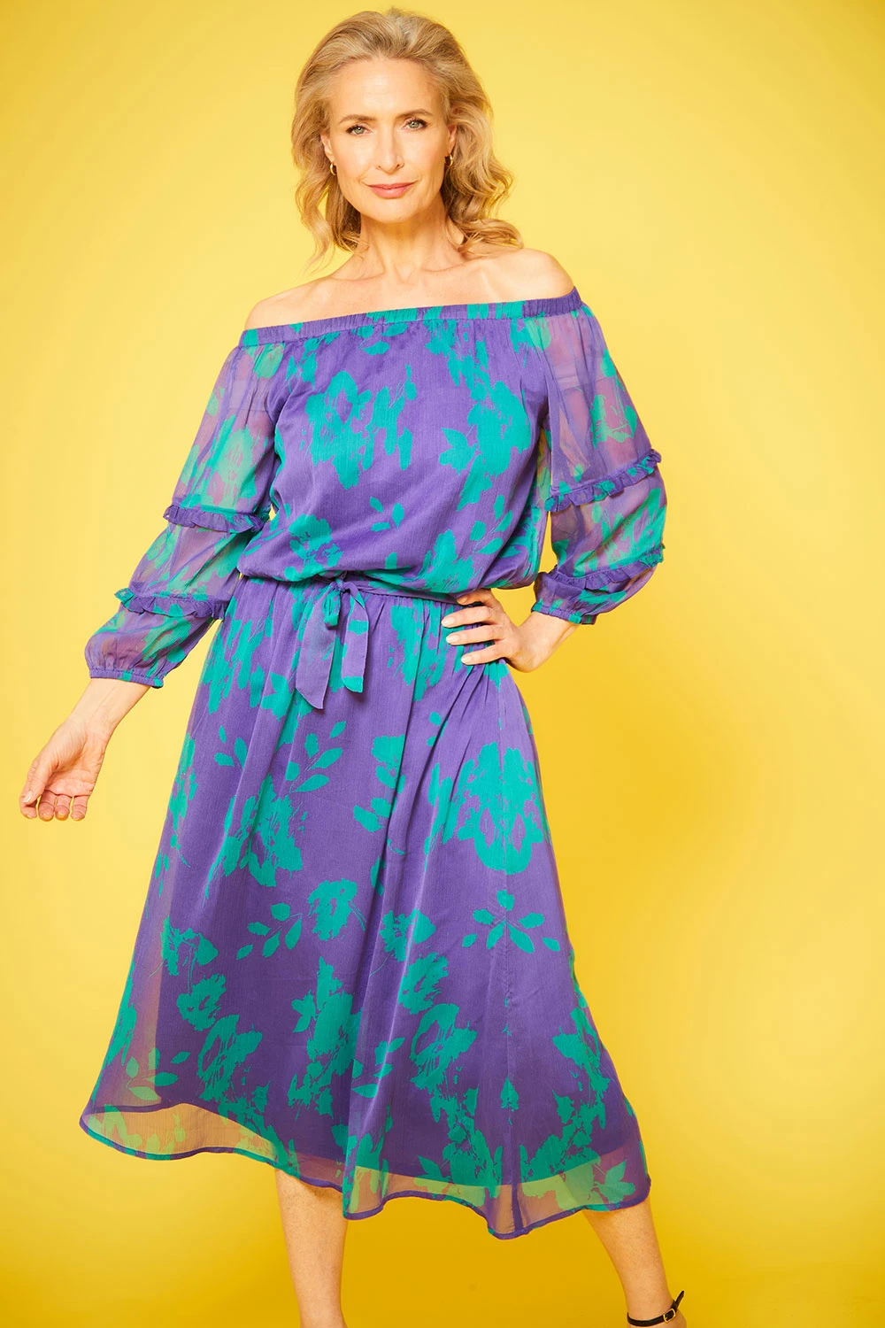 Bardot Dress With Ruffle Trim Sleeves - Image 6