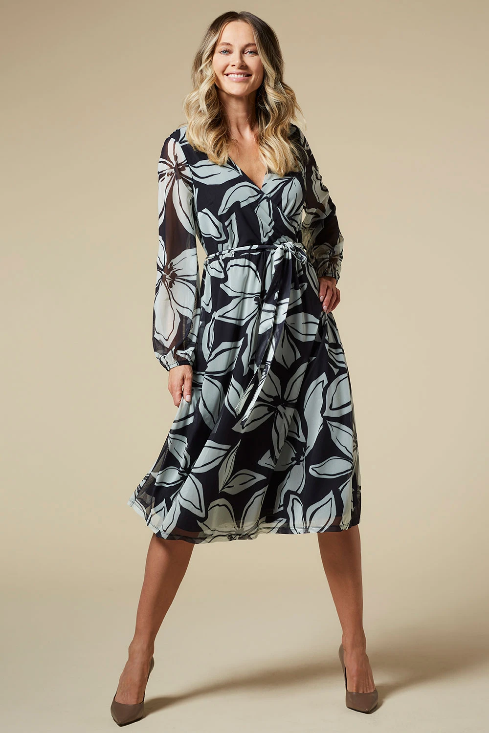 Large Floral Print Mesh Wrap Belt Dress - Image 9