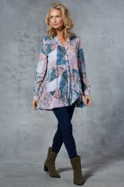 Tiered Button Through Patchwork Longline Shirt