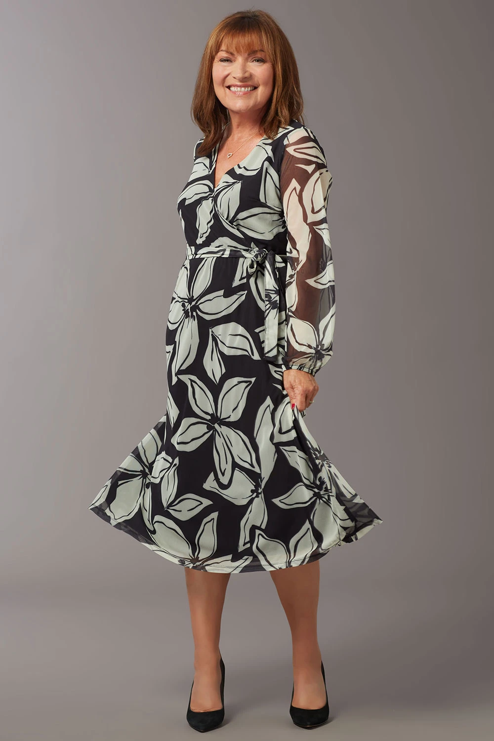 Large Floral Print Mesh Wrap Belt Dress - Image 6
