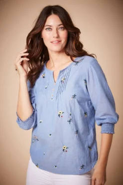 3/4 Sleeve Pintuck Embroidered Denim Shirt