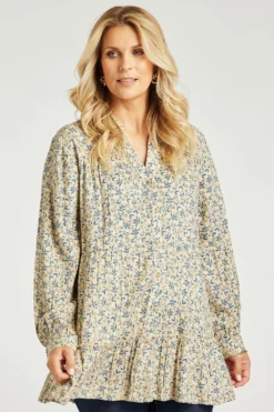 Long Sleeve Tiered Button Through Ditsy Longline Shirt