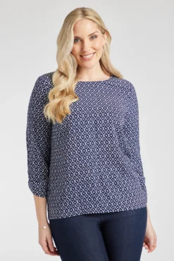 3/4 Sleeve Geo Tile Print Overhead Blouse