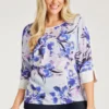 3/4 Sleeve Woven Front Floral Print Top