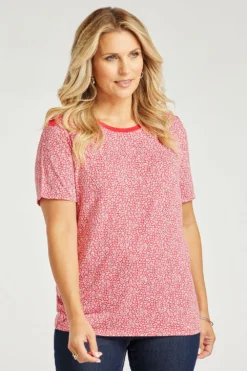 Short Sleeve Button Trim Ditsy Design Top