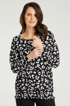 Long Sleeve Shirred Hem Animal Print Batwing Top