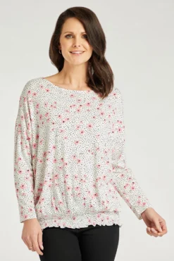 Long Sleeve Shirred Hem Spotty Floral Batwing Top