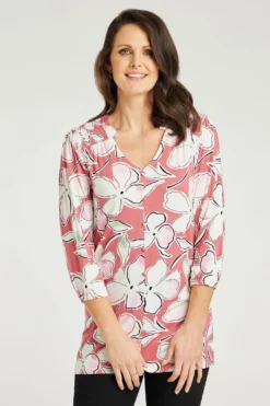 3/4 Sleeve Shirred Shoulder Pink Floral Button Detail Tunic