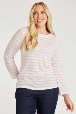 Long Sleeve Printed Striped Round Neck Top