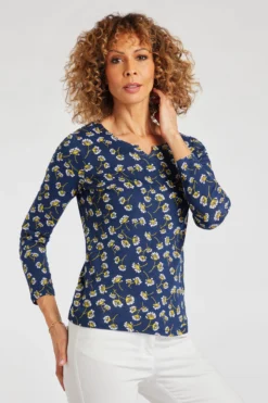 Long Sleeve Dandelion Print Notch Neck Top