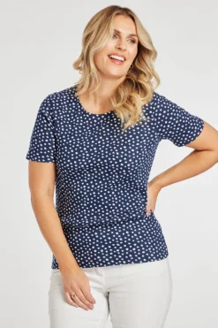 Navy Short Sleeve Square Dot Print Scoop Neck Top