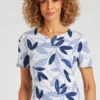 Short Sleeve Dot And Leaf Print Notch Neck Top