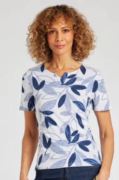 Short Sleeve Dot And Leaf Print Notch Neck Top