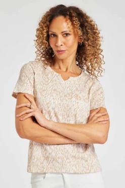 Short Sleeve Tie Dye Animal Print Notch Neck Top