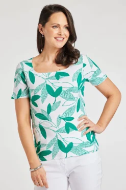 Short Sleeve Green Spotted Leaf Print Top