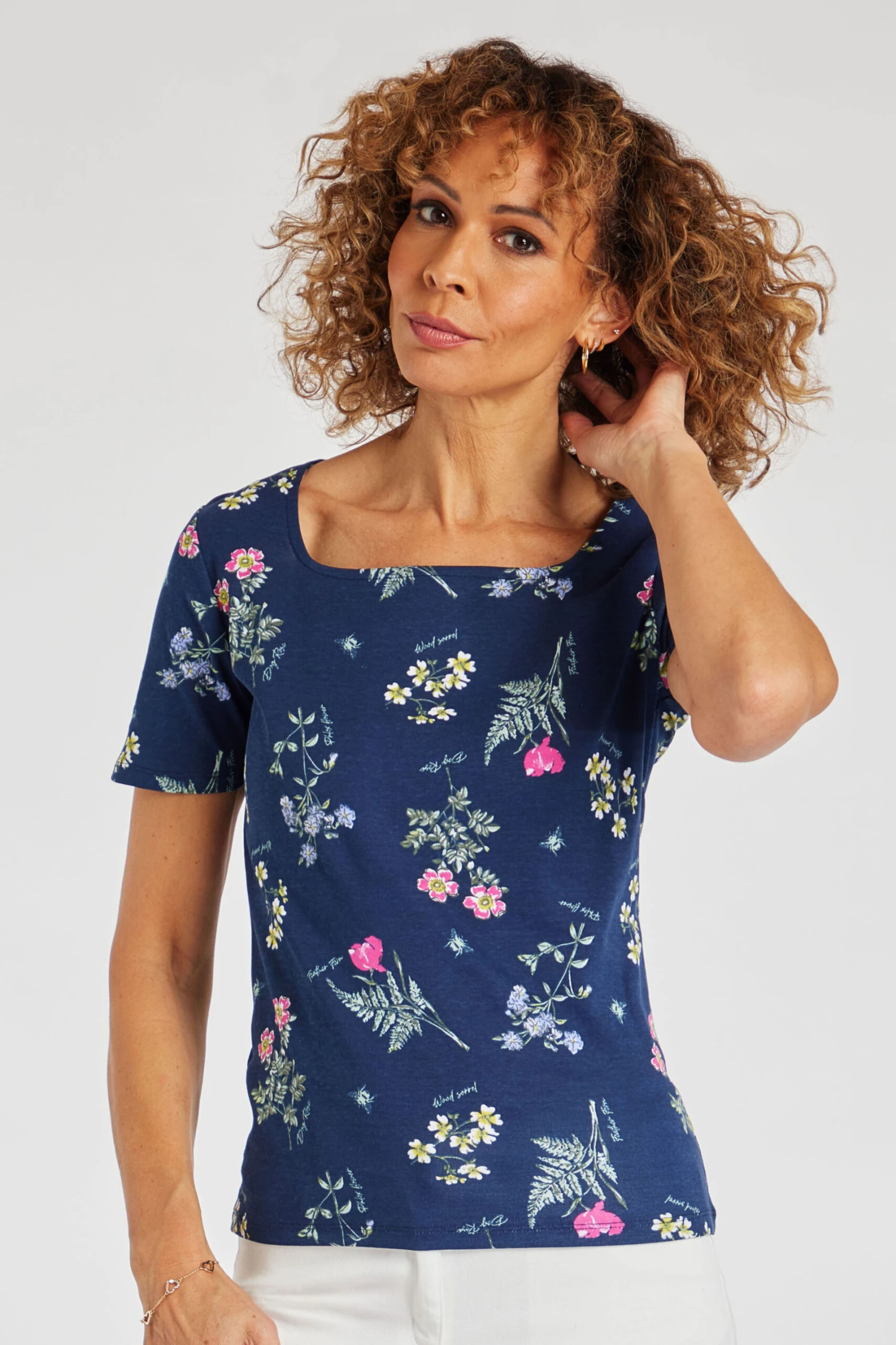 Short Sleeve Flower Print Square Neck Top