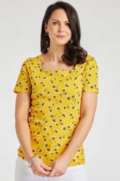 Short Sleeve Dandelion Print Square Neck Top