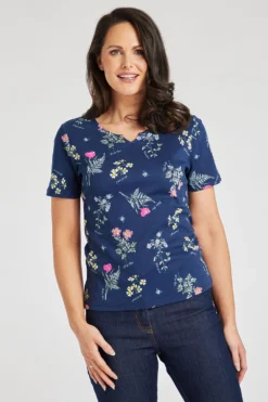 Short Sleeve Wild Flower Print Notch Neck Top