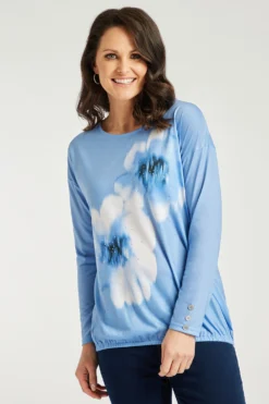 Long Sleeve Watercolour Floral Print Top With Stud Detail