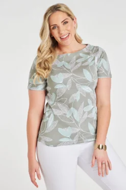Short Sleeve Dot And Leaf Print Boat Neck Top