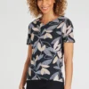 Short Sleeve Dotty Leaf Print Top With Notch Neckline
