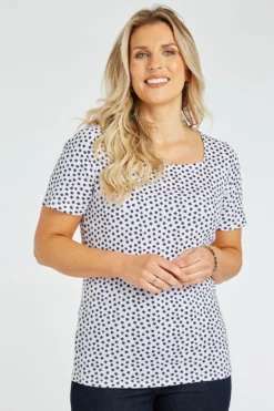 Short Sleeve Square Dot Print Square Neck Top