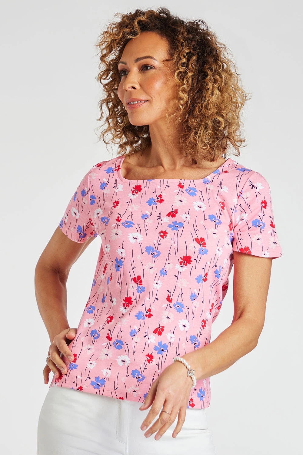 Short Sleeve Multi Ditsy Print Top With Square Neckline