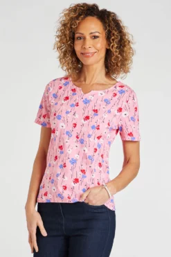 Short Sleeve Multi Ditsy Print Top With Notch Neckline