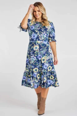 Large Floral Print Dress With Tie Sleeves