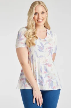Short Sleeve Leaf Print Plisse Top