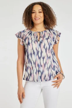 Short Sleeve Bubble Hem Multi Print Blouse