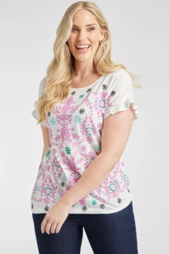 Short Frill Sleeve Embroidered Floral Print Top