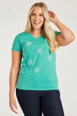 Short Sleeve Ruched Shoulder Embroidered Flowers Top