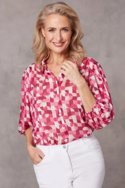 Geo Tile Balloon Sleeve Drop Hem Blouse