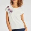 Short Sleeve Embroidered Floral Shoulder Detail Top
