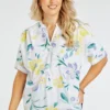 Short Sleeve V Neck Inverted Pleat Floral Print Linen Top