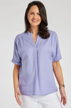 Short Sleeve V-Neck Inverted Pleated Linen Top