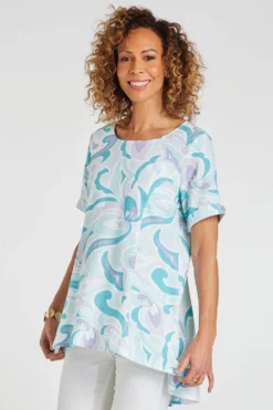 Short Sleeve High Low Hem Swirl Print Linen Tunic