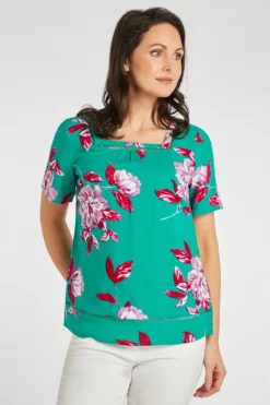 Short Sleeve Square Neck Floral Print Linen Top