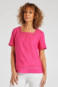 Short Sleeve Square Neck Plain Linen Top