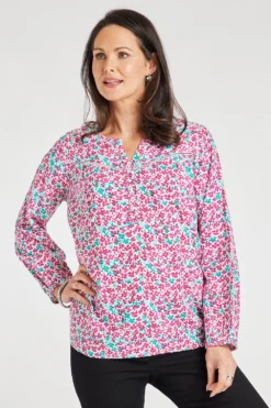 Long Sleeve Half Placket Ditsy Print Linen Overhead Shirt