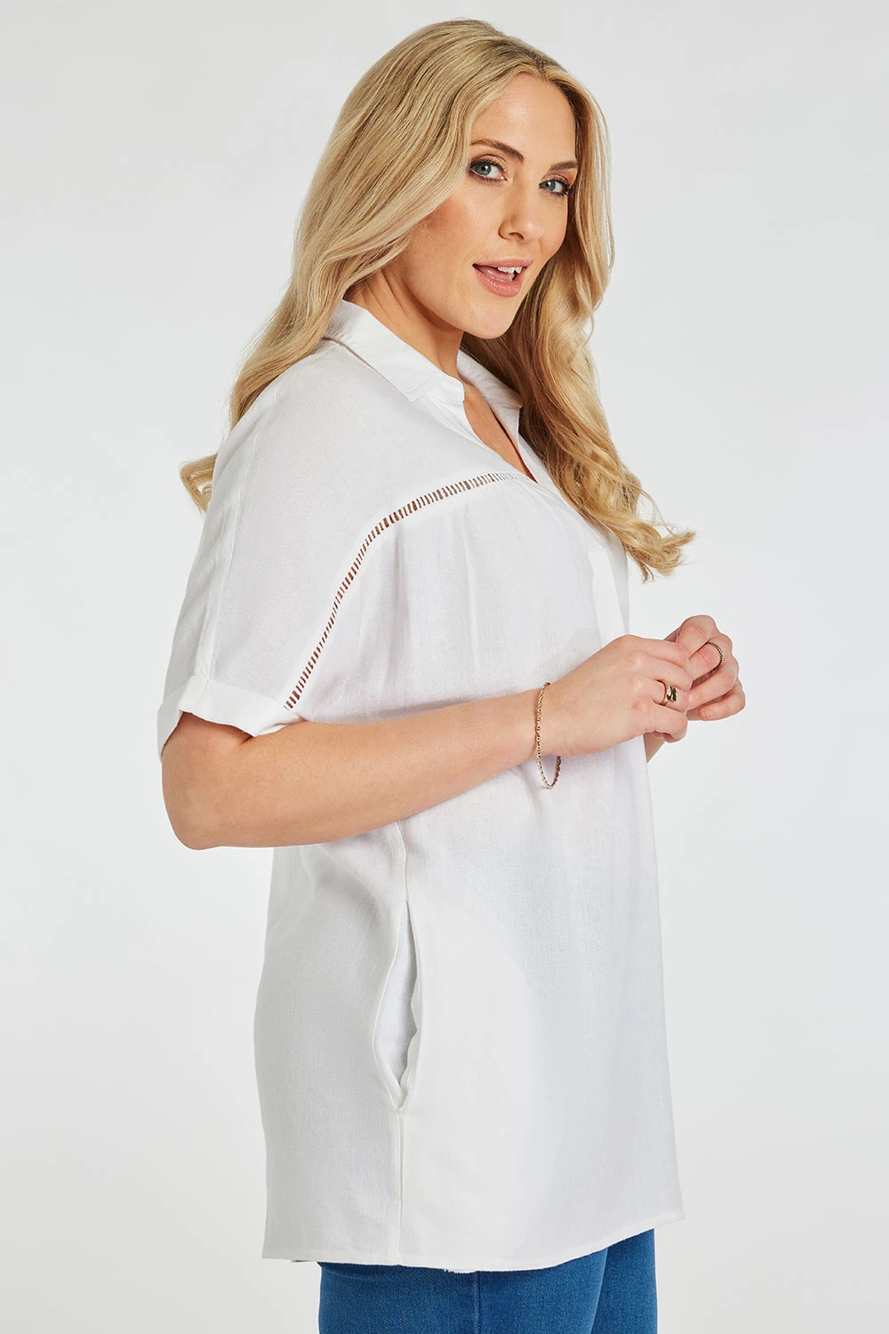 Short Sleeve Notch Neck Collared Plain Linen Tunic - Image 5