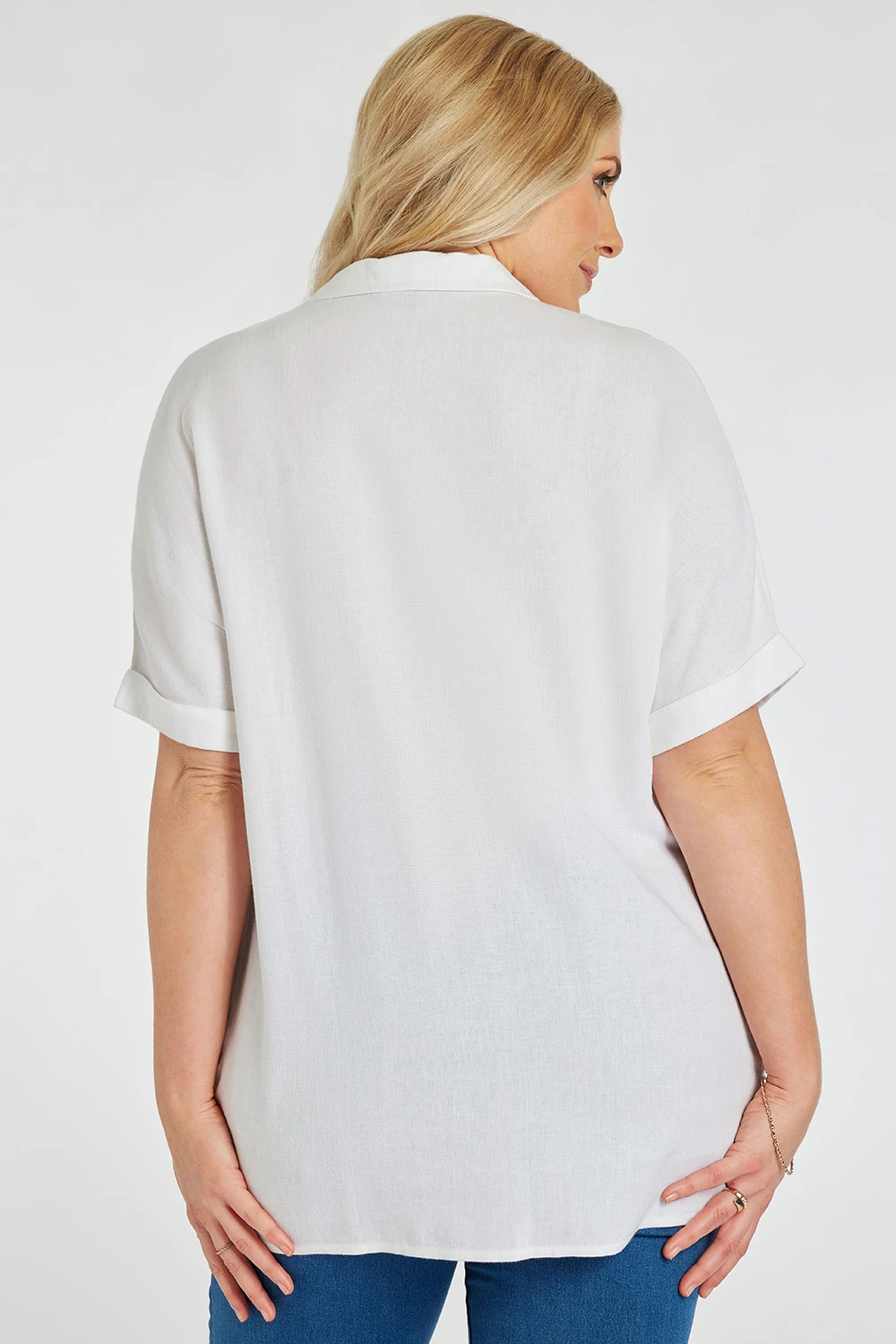 Short Sleeve Notch Neck Collared Plain Linen Tunic - Image 4