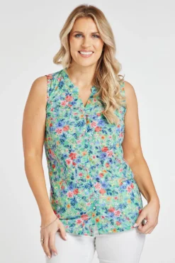 Sleeveless Ditsy Print Burnout Button Through Shirt