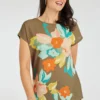 Short Sleeve Floral Placement Woven Front Top