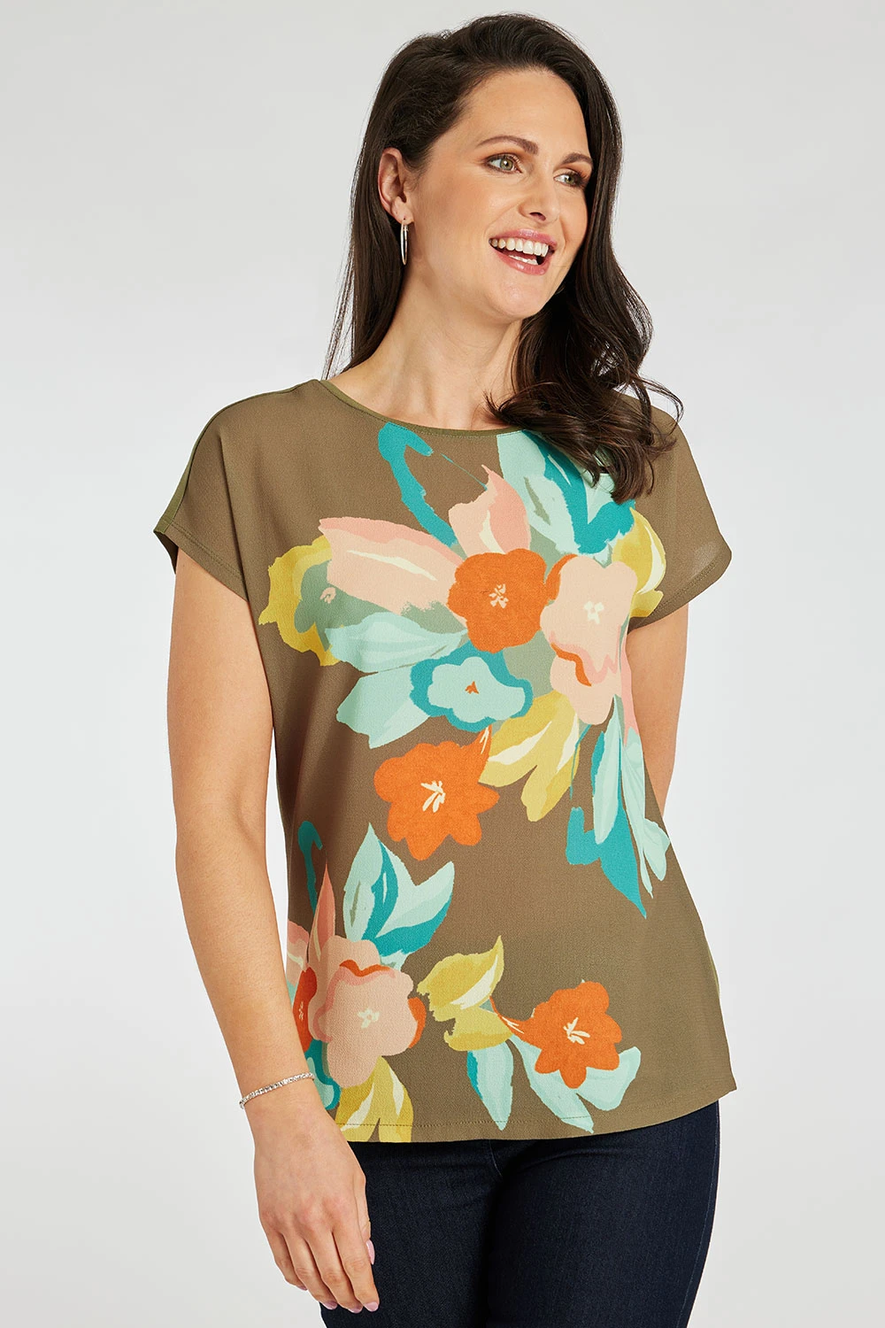 Short Sleeve Floral Placement Woven Front Top