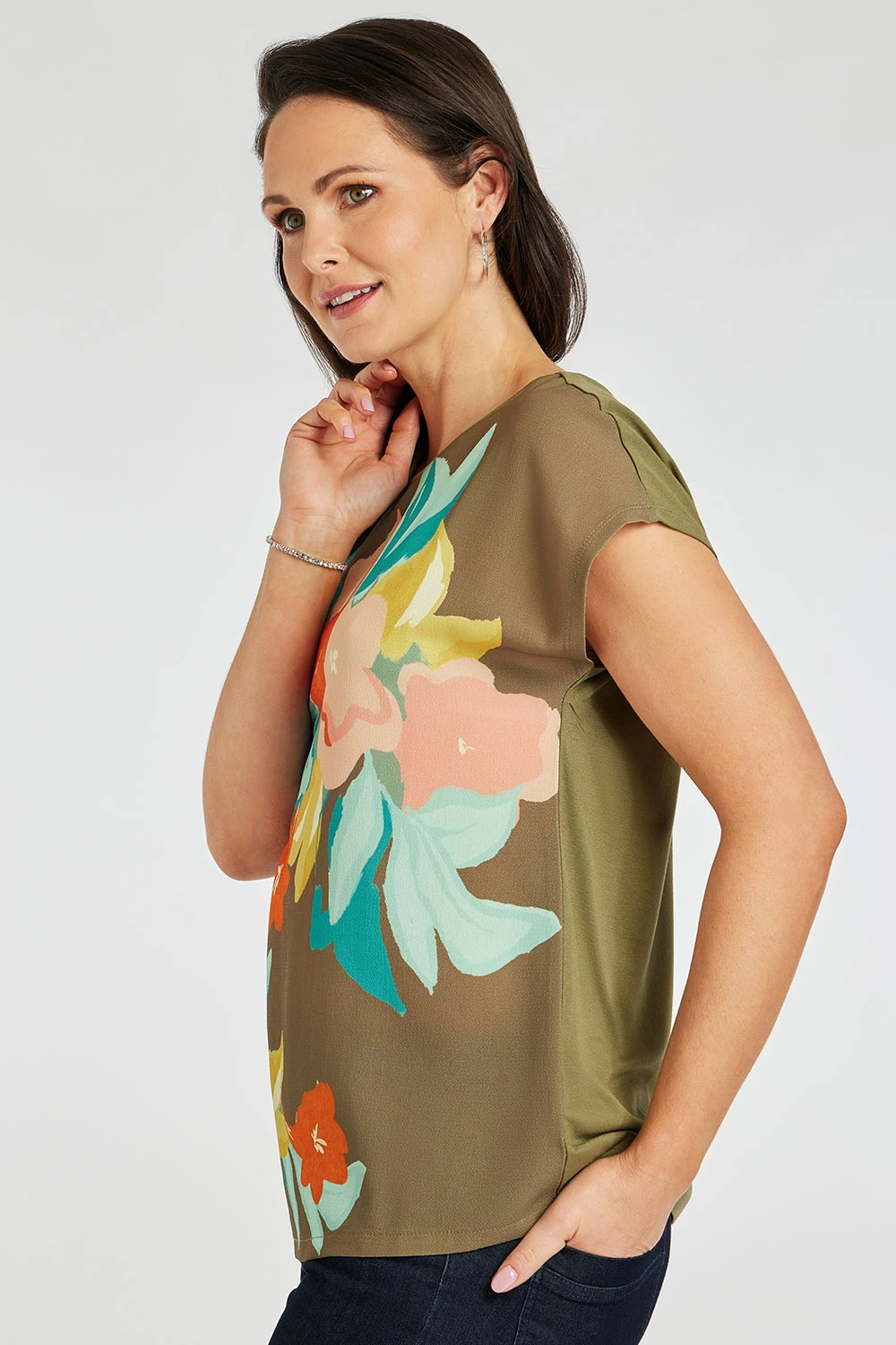 Short Sleeve Floral Placement Woven Front Top - Image 5