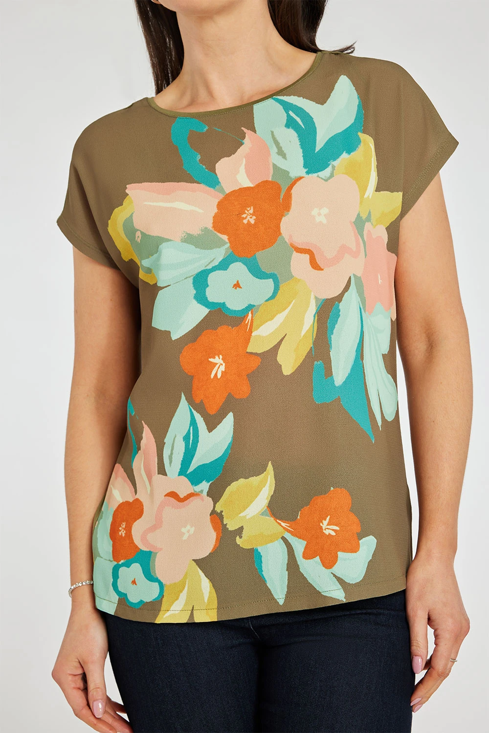 Short Sleeve Floral Placement Woven Front Top - Image 6