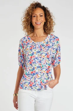Short Frill Sleeve Button Through Ditsy Blouse